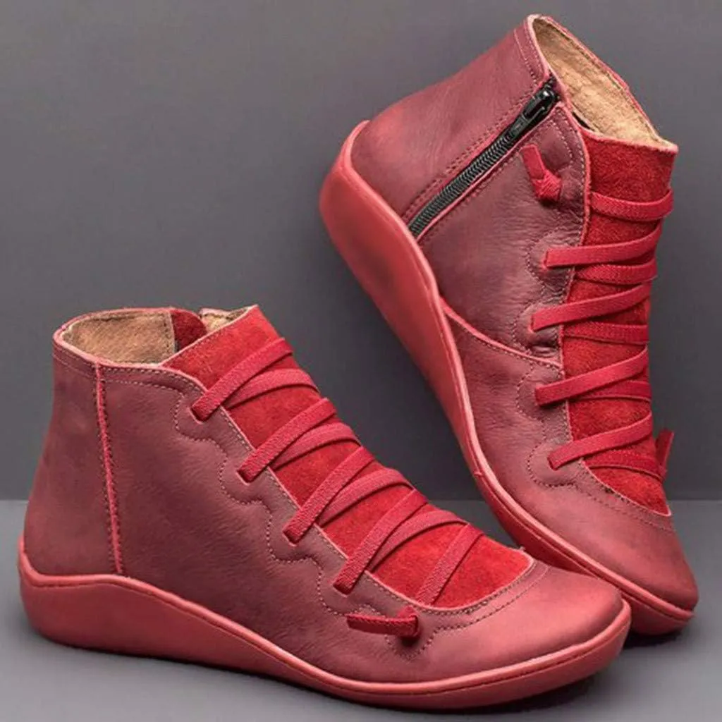 Ankle Boots for Women No Heel,Women's Arch Support Fashion Lace up Side Zip Vintage Booties Flat Heel
