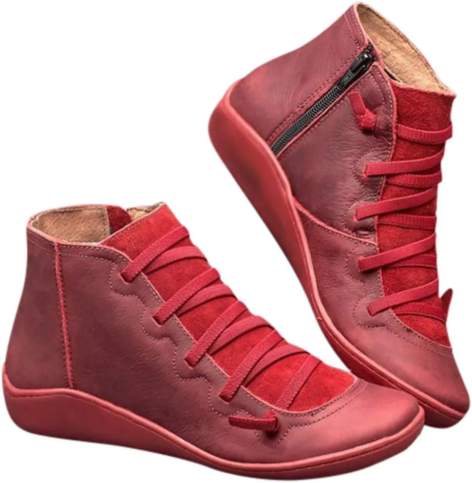 Ankle Boots for Women No Heel,Women's Arch Support Fashion Lace up Side Zip Vintage Booties Flat Heel