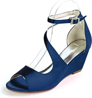 Anna's Bridal Women's Wedding Shoes for Bride Wedge Low Heel Satin Peep Toe S Strap Prom Party Evening Shoes Pumps Sandals