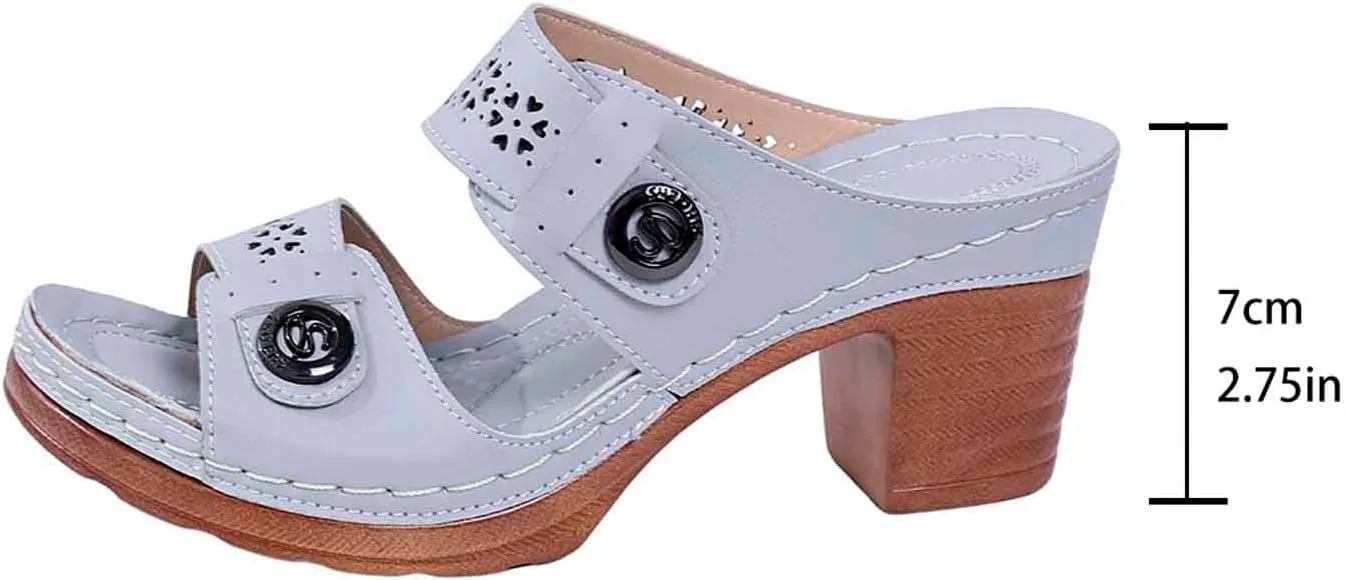 Arch Support Chunky Sandals For Women Leather Open Toe Chunky Heel Shoes Block High Heel Dress Sandals