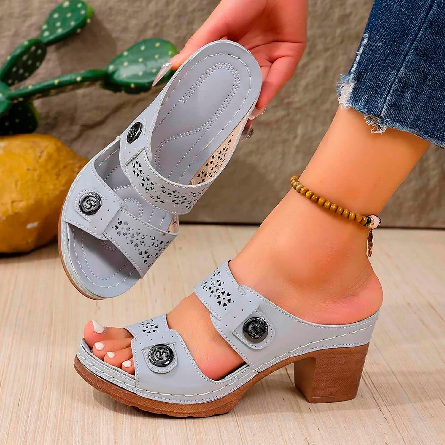 Arch Support Chunky Sandals For Women Leather Open Toe Chunky Heel Shoes Block High Heel Dress Sandals