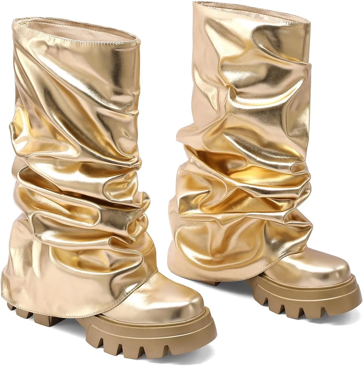 Arqa Fold Over Boots For Women Lug Sole Mid Calf Boot Slouched Ruched Platform Riding Booties Summer Party Shoes