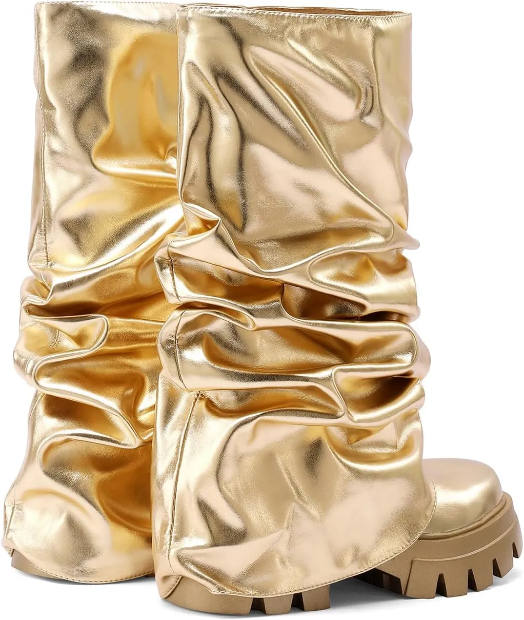 Arqa Fold Over Boots For Women Lug Sole Mid Calf Boot Slouched Ruched Platform Riding Booties Summer Party Shoes