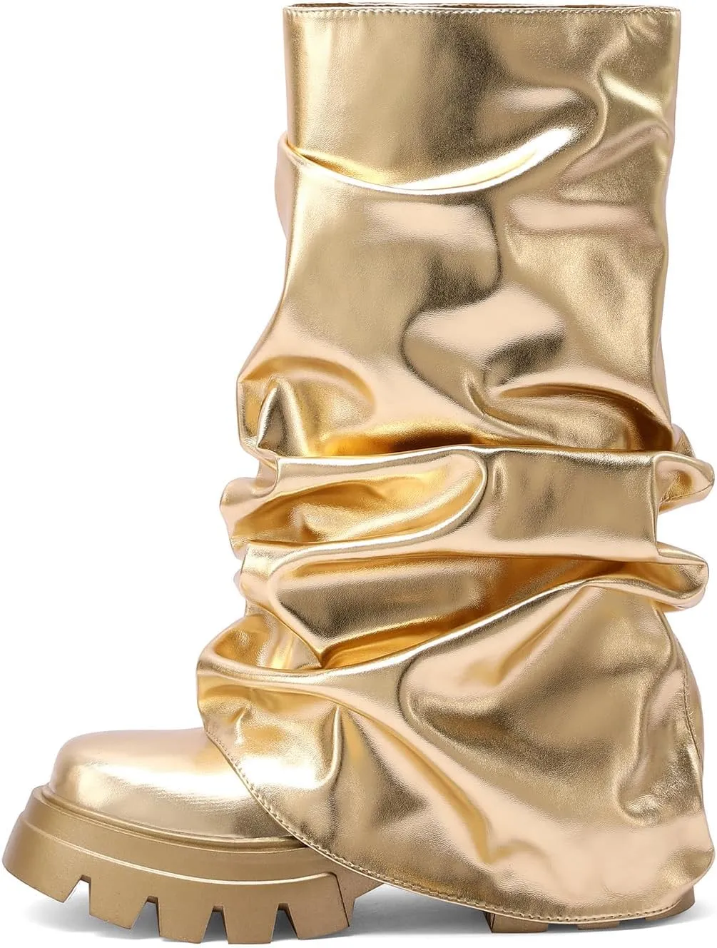 Arqa Fold Over Boots For Women Lug Sole Mid Calf Boot Slouched Ruched Platform Riding Booties Summer Party Shoes