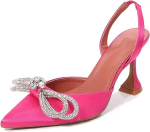 Arqa Satin Slingback Heels for Women Crystal Pointed Toe High Heels Wedding Bride Pump Shoes