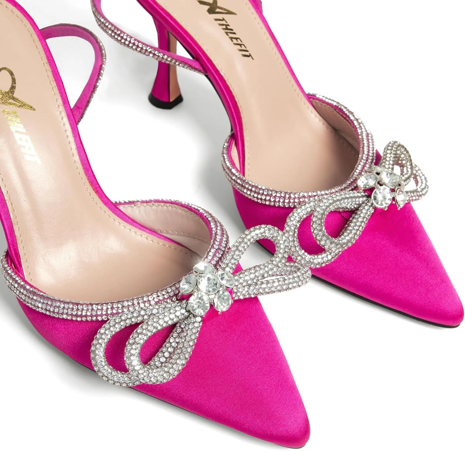 Athlefit Women's Rhinestone Bow Heels Ankle Strap Pointed Toe Stiletto Heeled Sandals Wedding Bridal Dress Pumps Shoes