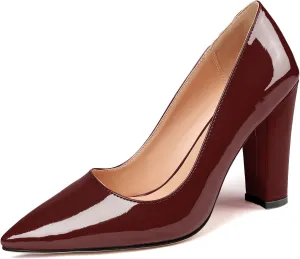 AUMOTED Women High Heel Pumps Shoes Solid Slip On Chunky Heel Block Heel Pointed Toe Work Heel