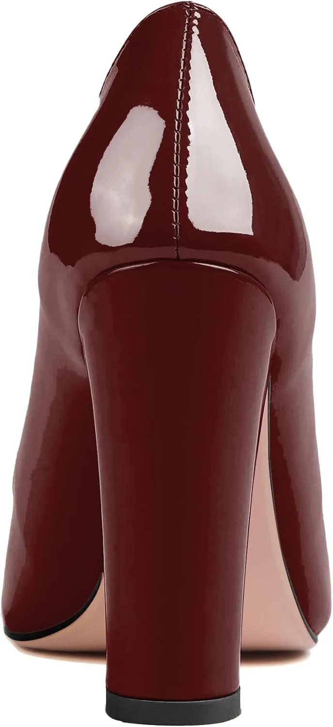 AUMOTED Women High Heel Pumps Shoes Solid Slip On Chunky Heel Block Heel Pointed Toe Work Heel