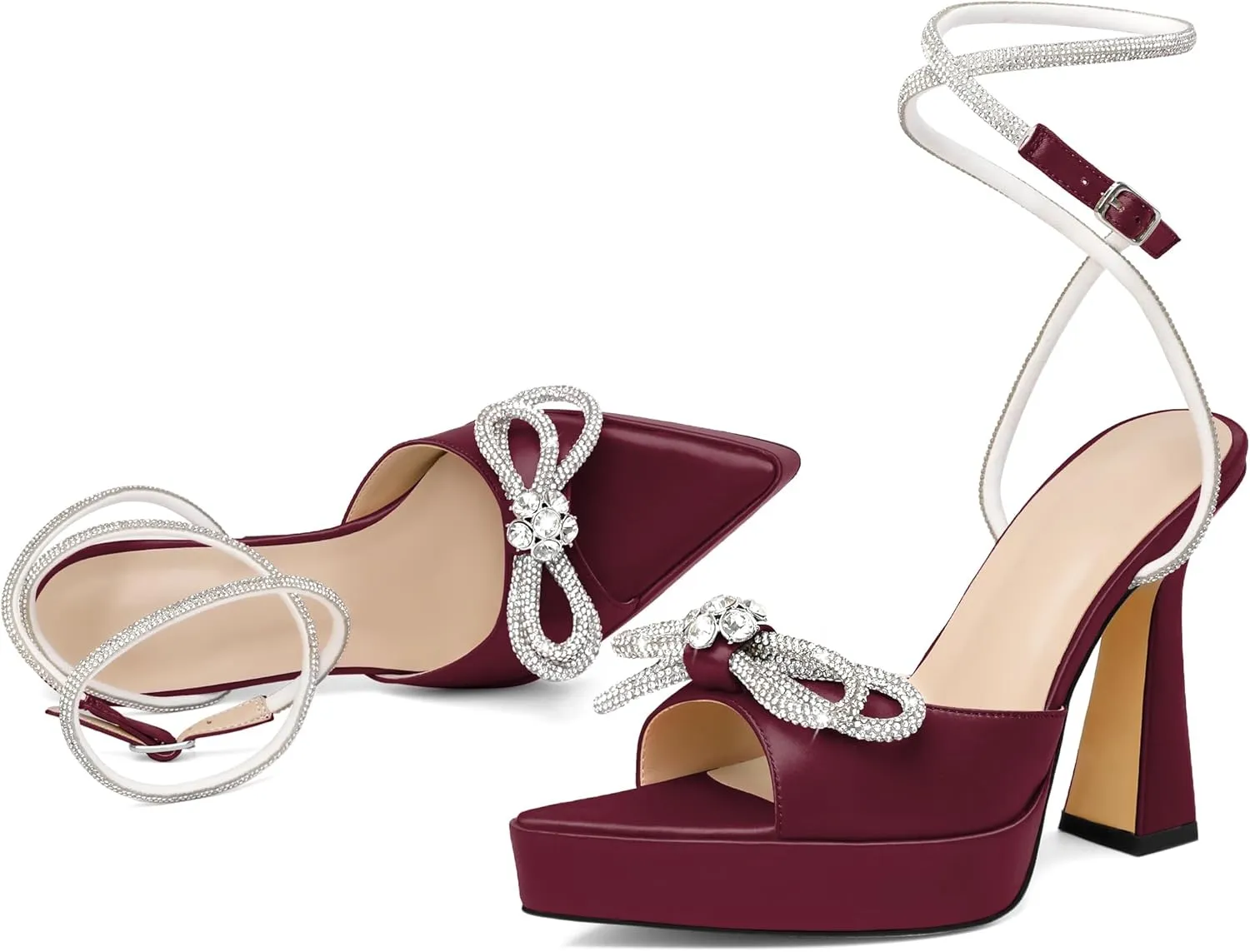 AUMOTED Women Platform Pumps High Heels Rhinestone Double Bows Heels Pointed Toe Satin Block Pumps Ankle Strap Crystals Lace Up Wedding Sandals Shoes 4.7 Inch