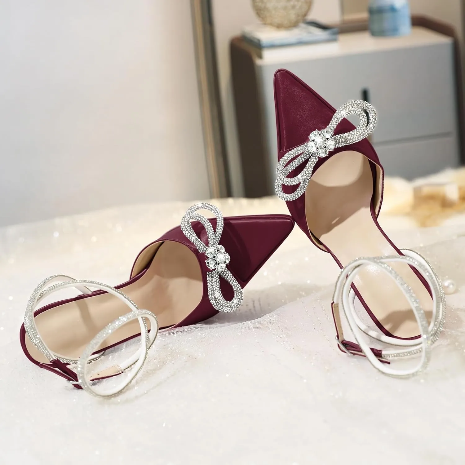 AUMOTED Women Platform Pumps High Heels Rhinestone Double Bows Heels Pointed Toe Satin Block Pumps Ankle Strap Crystals Lace Up Wedding Sandals Shoes 4.7 Inch