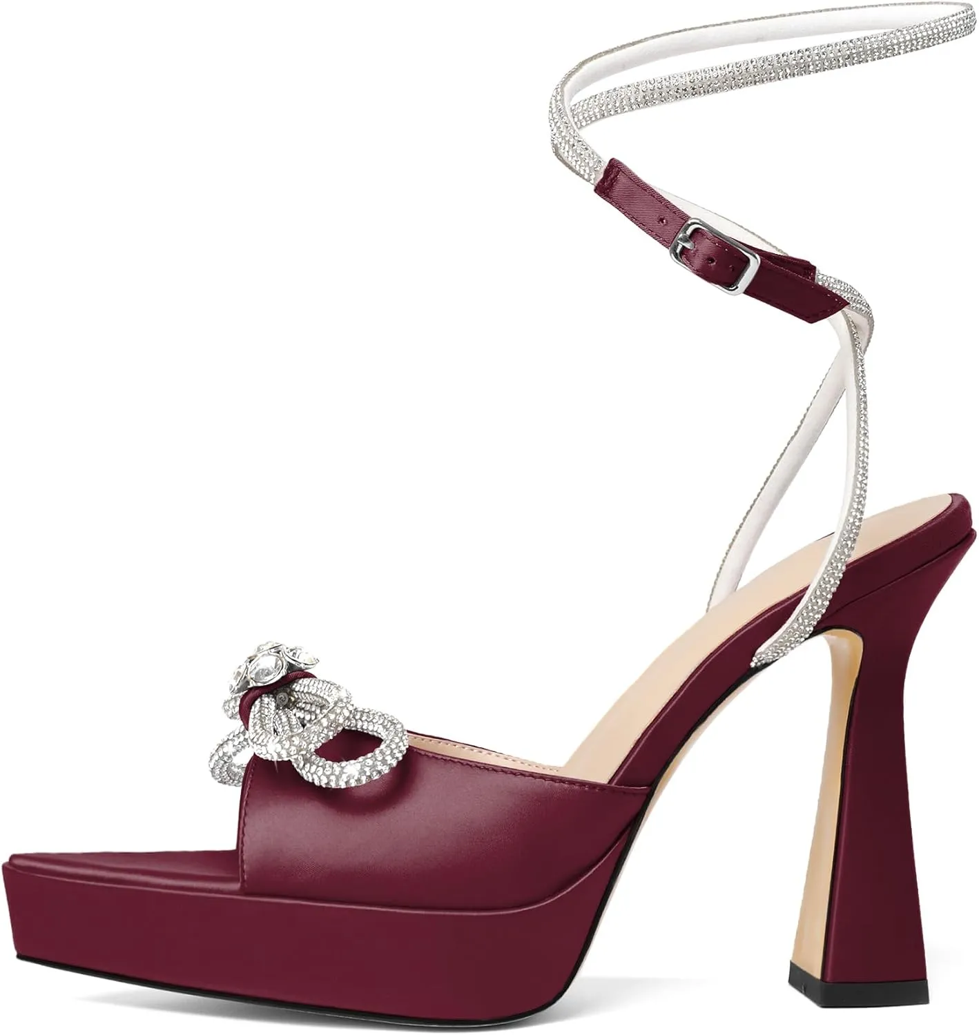 AUMOTED Women Platform Pumps High Heels Rhinestone Double Bows Heels Pointed Toe Satin Block Pumps Ankle Strap Crystals Lace Up Wedding Sandals Shoes 4.7 Inch