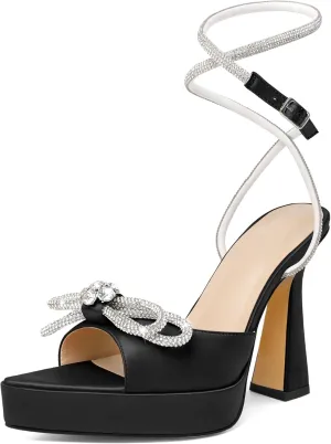 AUMOTED Women Platform Pumps High Heels Rhinestone Double Bows Heels Pointed Toe Satin Block Pumps Ankle Strap Crystals Lace Up Wedding Sandals Shoes 4.7 Inch