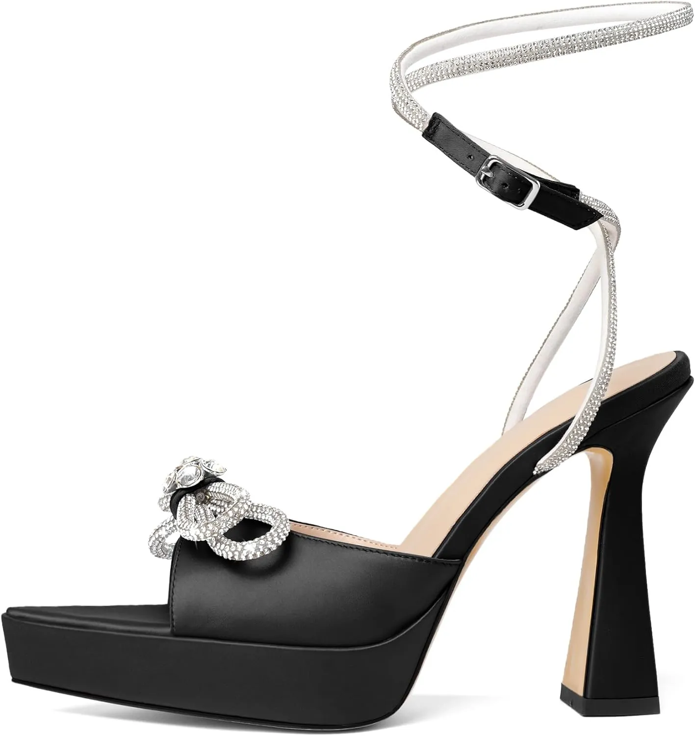 AUMOTED Women Platform Pumps High Heels Rhinestone Double Bows Heels Pointed Toe Satin Block Pumps Ankle Strap Crystals Lace Up Wedding Sandals Shoes 4.7 Inch