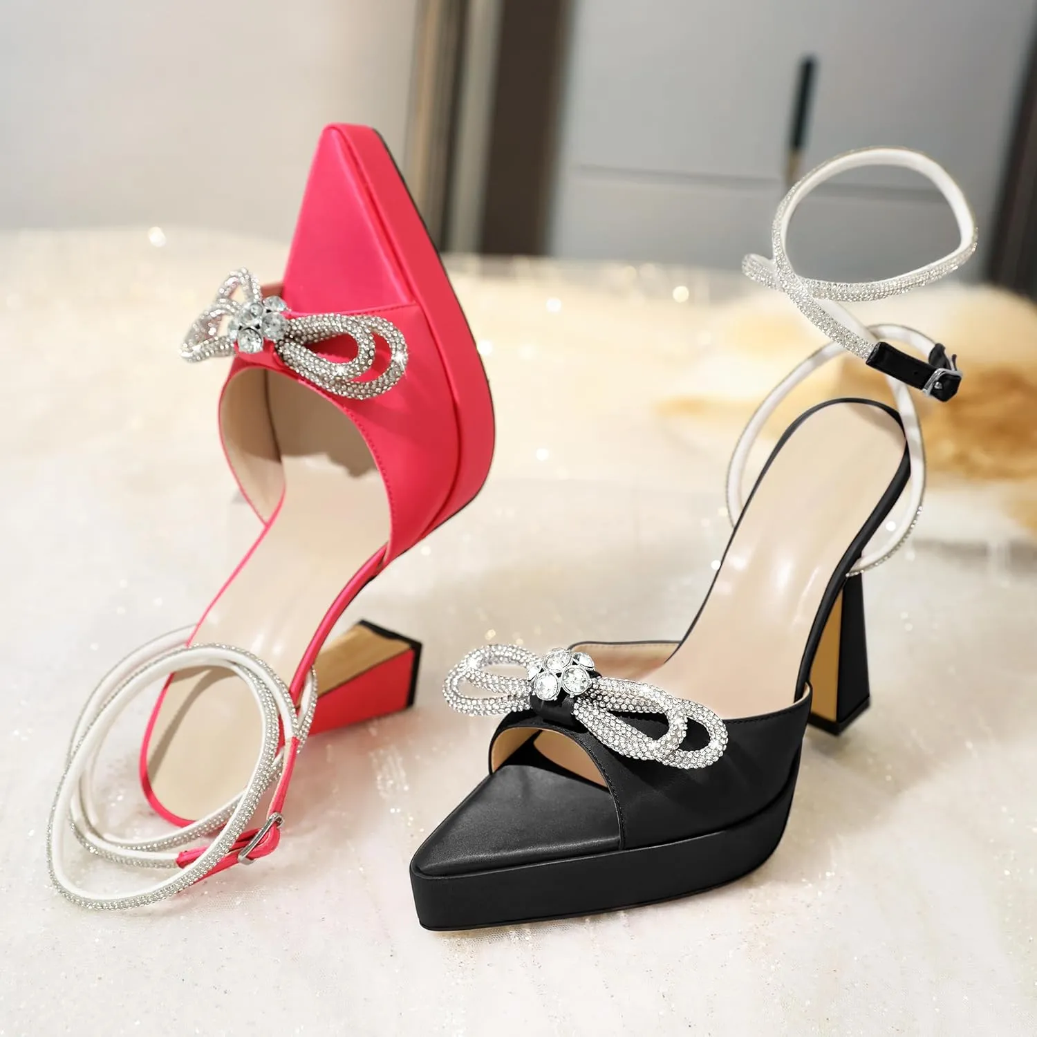 AUMOTED Women Platform Pumps High Heels Rhinestone Double Bows Heels Pointed Toe Satin Block Pumps Ankle Strap Crystals Lace Up Wedding Sandals Shoes 4.7 Inch