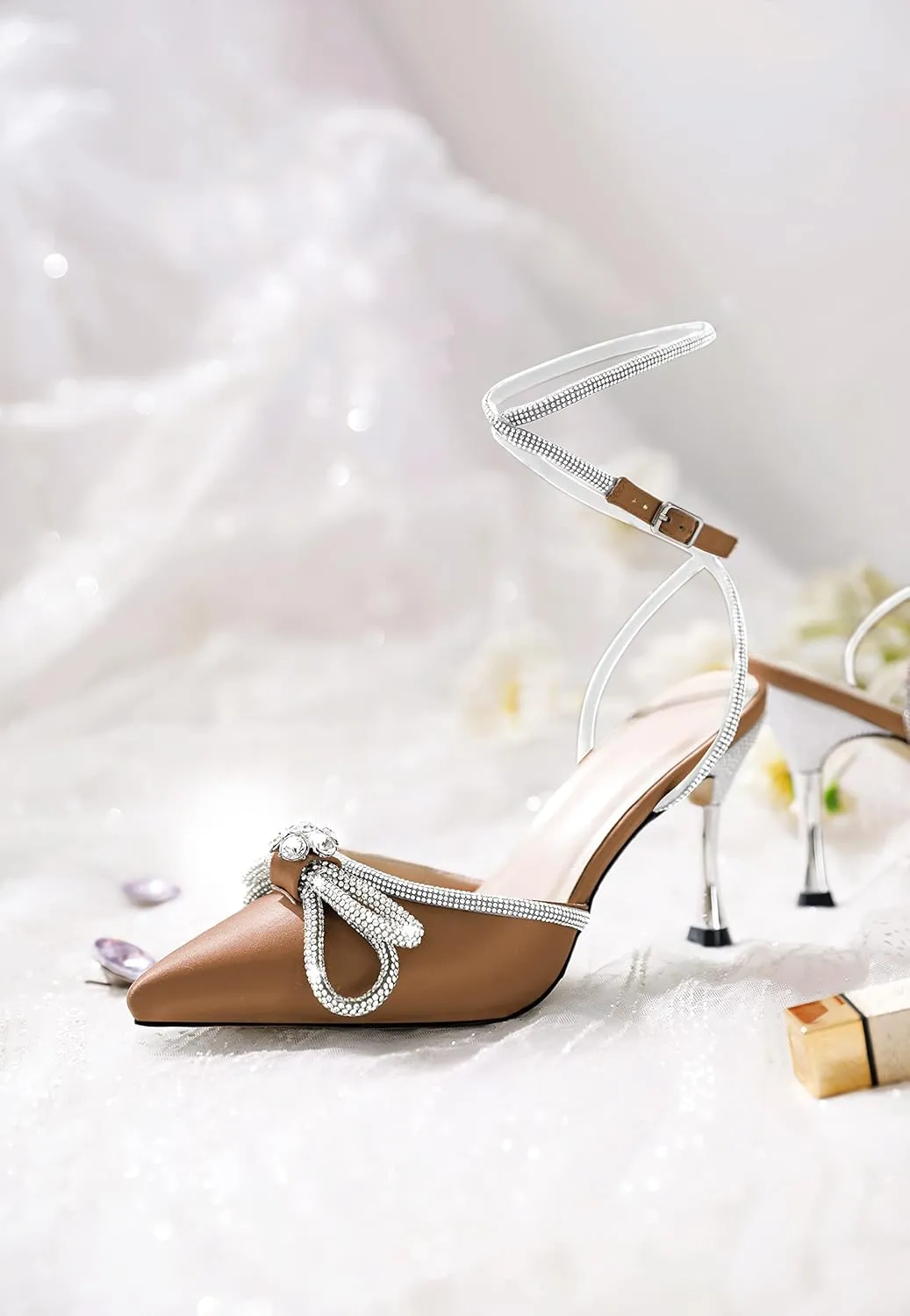 AUMOTED Women Stiletto High Heels Rhinestone Bow Heels Sparkly Wedding Closed Pointed Toe Sexy Satin Crystal Ankle Strap Pumps Bridal Dress Heeled Sandals 3.4 Inch