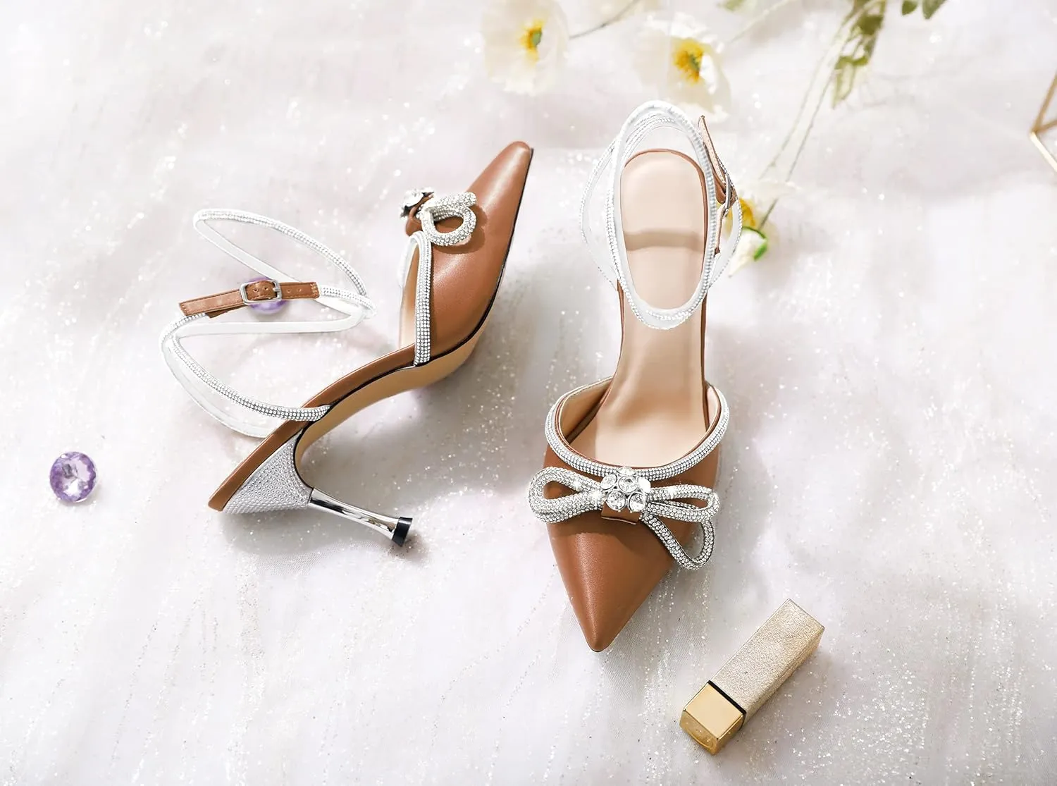AUMOTED Women Stiletto High Heels Rhinestone Bow Heels Sparkly Wedding Closed Pointed Toe Sexy Satin Crystal Ankle Strap Pumps Bridal Dress Heeled Sandals 3.4 Inch