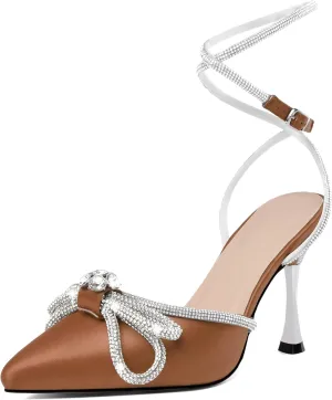 AUMOTED Women Stiletto High Heels Rhinestone Bow Heels Sparkly Wedding Closed Pointed Toe Sexy Satin Crystal Ankle Strap Pumps Bridal Dress Heeled Sandals 3.4 Inch