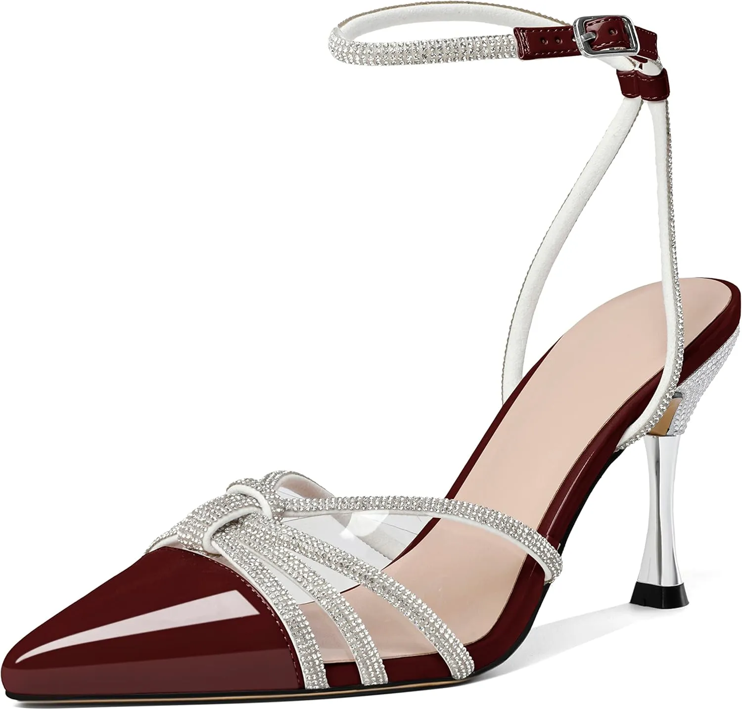 AUMOTED Women's Stiletto High Heel Pumps Ladies Clear Heels Patent Pointed Toe Pumps Crystal Rhinestones Ankle Strap Wedding Bridal Dress Heeled Sandals 3.4 Inch