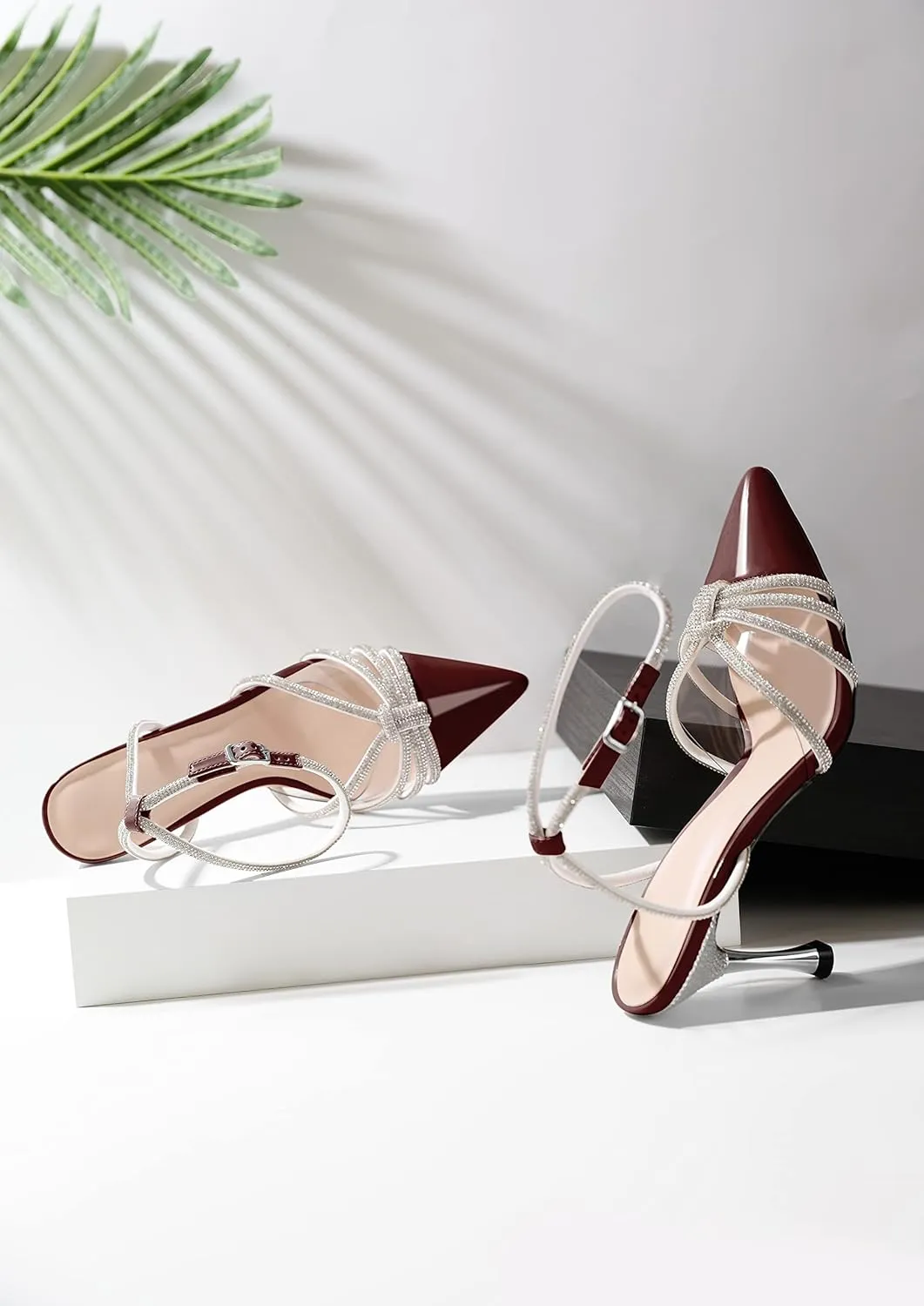 AUMOTED Women's Stiletto High Heel Pumps Ladies Clear Heels Patent Pointed Toe Pumps Crystal Rhinestones Ankle Strap Wedding Bridal Dress Heeled Sandals 3.4 Inch