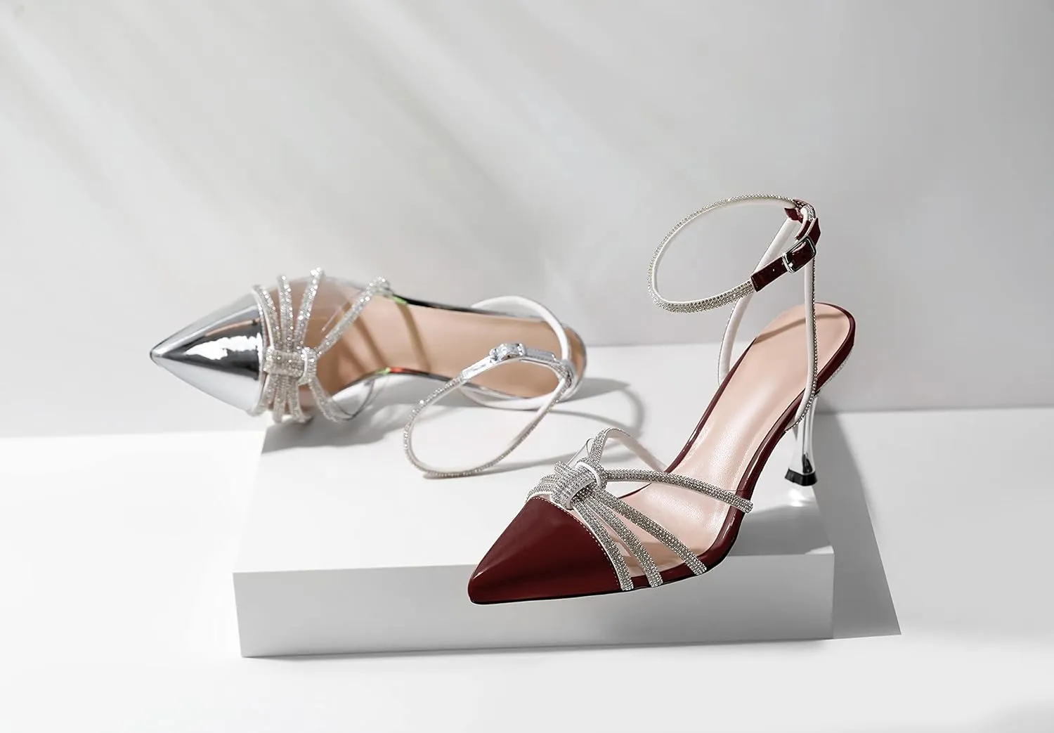 AUMOTED Women's Stiletto High Heel Pumps Ladies Clear Heels Patent Pointed Toe Pumps Crystal Rhinestones Ankle Strap Wedding Bridal Dress Heeled Sandals 3.4 Inch
