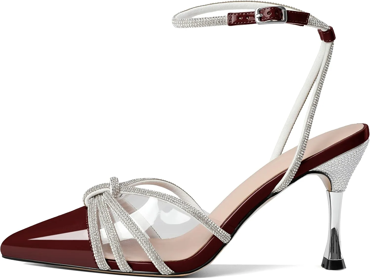 AUMOTED Women's Stiletto High Heel Pumps Ladies Clear Heels Patent Pointed Toe Pumps Crystal Rhinestones Ankle Strap Wedding Bridal Dress Heeled Sandals 3.4 Inch