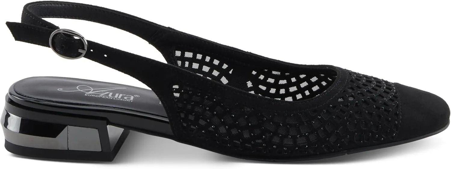Azura Women's TIFFANIED Microsuede Buckle Slingback Shoes – Crystal-Encrusted Cutouts, Leather Footbed, and Mirror-Effect Heel