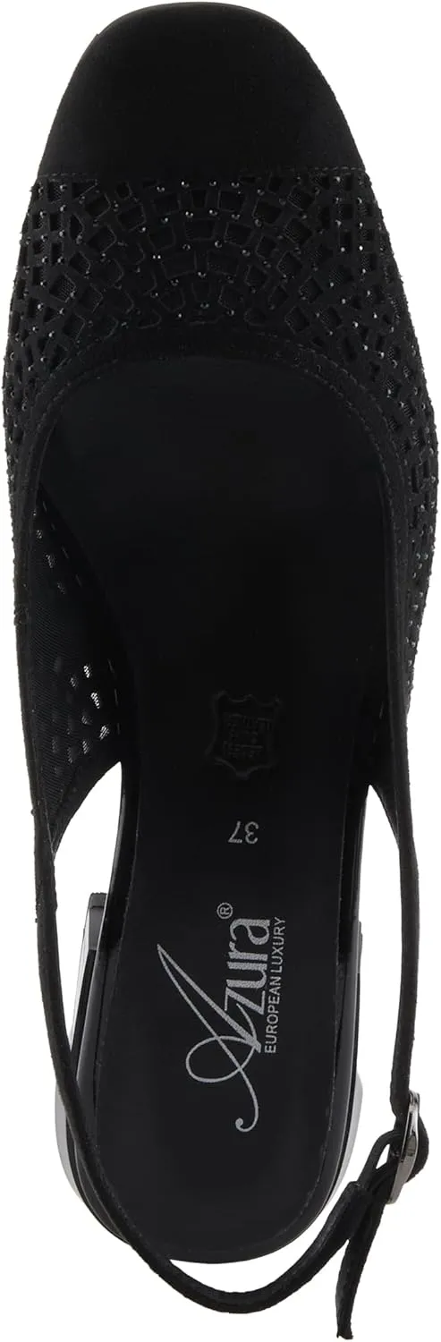 Azura Women's TIFFANIED Microsuede Buckle Slingback Shoes – Crystal-Encrusted Cutouts, Leather Footbed, and Mirror-Effect Heel