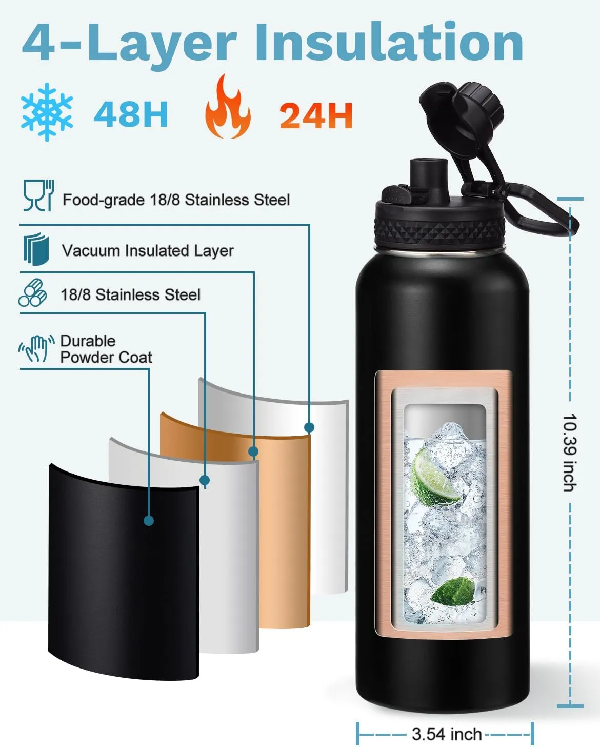 BENZZO Insulated Water Bottle 40 oz - Keep Cold 48H Hot 24H, Metal Water Bottles with Straw & Auto Chug Lids, Flask Boot, Travel Jug with Carrying Pouch, Stainless Steel Water Bottle for Women Men