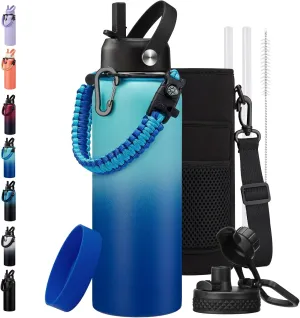 BENZZO Insulated Water Bottle 40 oz - Keep Cold 48H Hot 24H, Metal Water Bottles with Straw & Auto Chug Lids, Flask Boot, Travel Jug with Carrying Pouch, Stainless Steel Water Bottle for Women Men