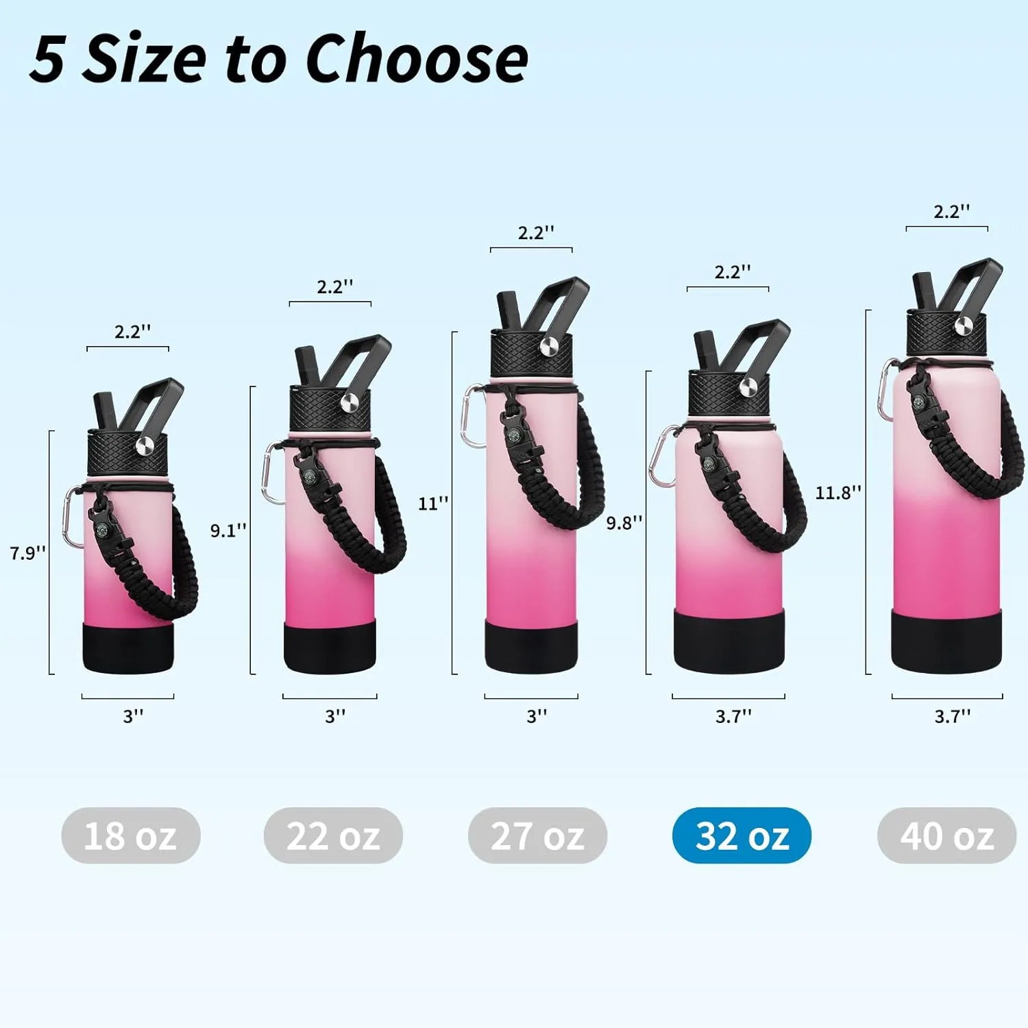 BJPKPK 32oz Insulated Water Bottles with 3 Lids, Paracord Handle & Non-slip Boot, Stainless Steel Metal Water Bottle,Reusable BPA Free Thermos, Tumblers, Cherry
