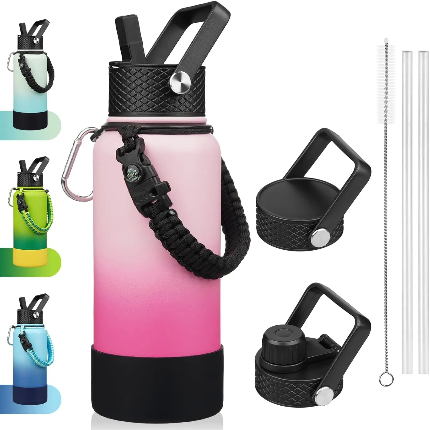 BJPKPK 32oz Insulated Water Bottles with 3 Lids, Paracord Handle & Non-slip Boot, Stainless Steel Metal Water Bottle,Reusable BPA Free Thermos, Tumblers, Cherry