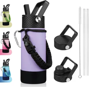 BJPKPK Water Bottle with Straw Lid, 18oz Insulated Water Bottles with 3 Lids, Paracord Handle & Non-Slip Boot, Metal Stainless Steel Thermos, BPA Free Leak Proof Cups, Tumblers,Lavender