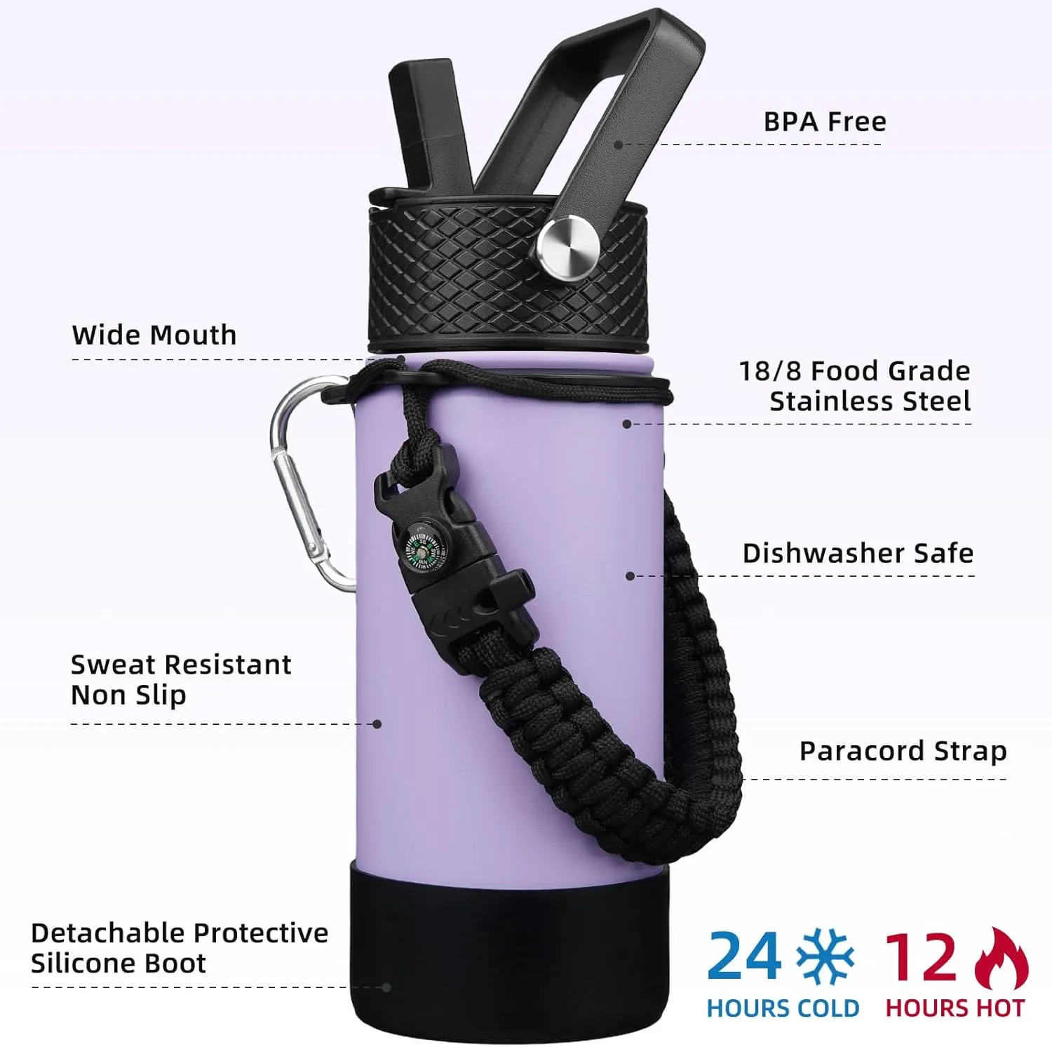 BJPKPK Water Bottle with Straw Lid, 18oz Insulated Water Bottles with 3 Lids, Paracord Handle & Non-Slip Boot, Metal Stainless Steel Thermos, BPA Free Leak Proof Cups, Tumblers,Lavender