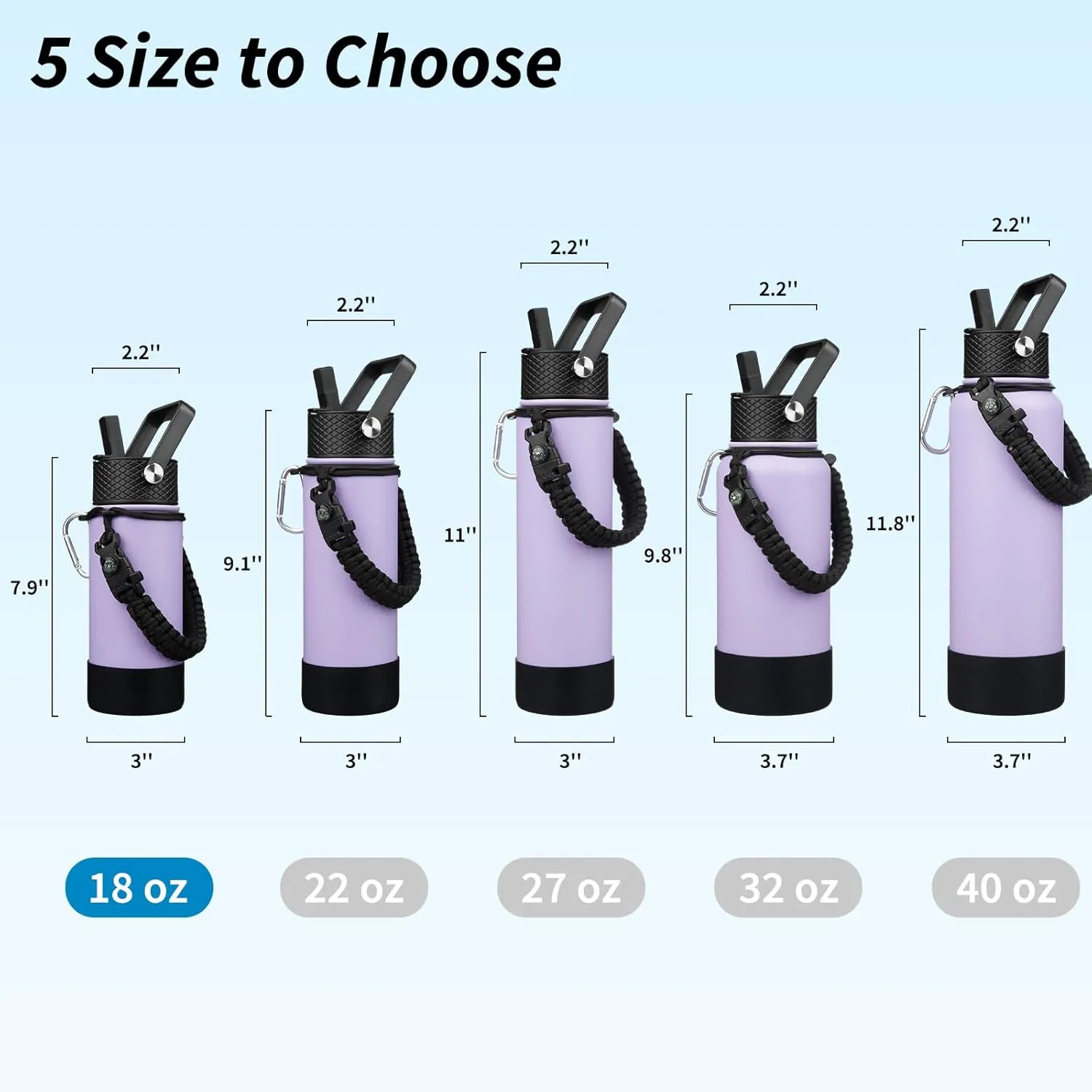 BJPKPK Water Bottle with Straw Lid, 18oz Insulated Water Bottles with 3 Lids, Paracord Handle & Non-Slip Boot, Metal Stainless Steel Thermos, BPA Free Leak Proof Cups, Tumblers,Lavender
