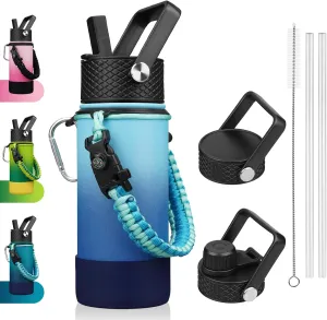 BJPKPK Water Bottle with Straw Lid, 18oz Insulated Water Bottles with 3 Lids, Paracord Handle & Non-slip Boot, Metal Stainless Steel Thermos, BPA Free Leak Proof Cups, Tumblers,Sky