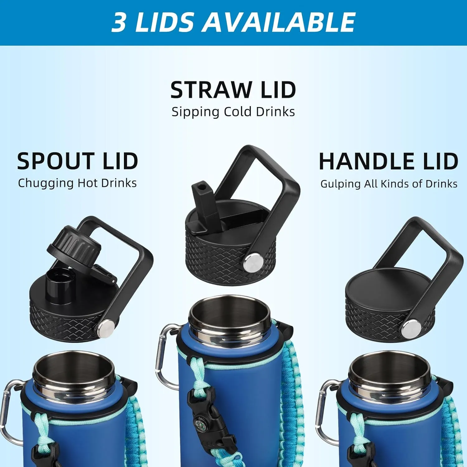BJPKPK Water Bottle with Straw Lid, 18oz Insulated Water Bottles with 3 Lids, Paracord Handle & Non-slip Boot, Metal Stainless Steel Thermos, BPA Free Leak Proof Cups, Tumblers,Sky