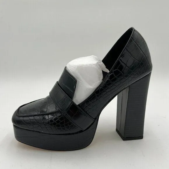 Black Crocodile Chunky Heel Leather Loafer Square Toe High Heel Platform Office