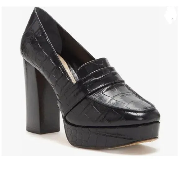 Black Crocodile Chunky Heel Leather Loafer Square Toe High Heel Platform Office