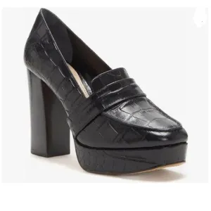 Black Crocodile Chunky Heel Leather Loafer Square Toe High Heel Platform Office