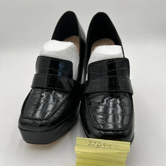 Black Crocodile Chunky Heel Leather Loafer Square Toe High Heel Platform Office