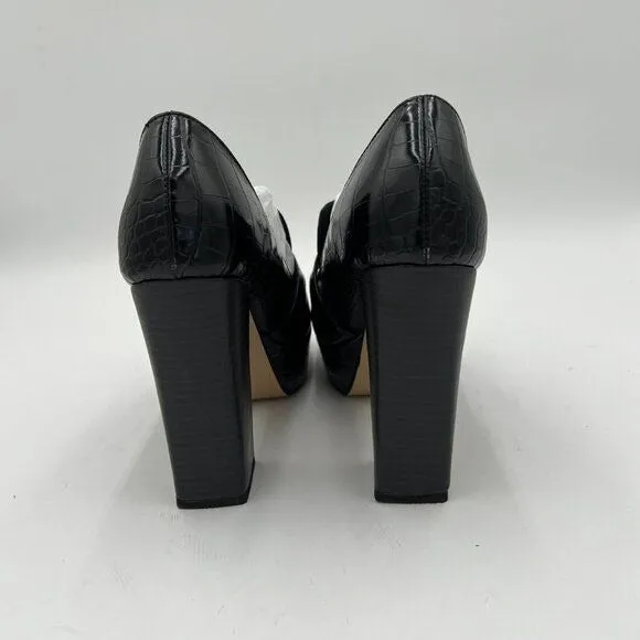 Black Crocodile Chunky Heel Leather Loafer Square Toe High Heel Platform Office