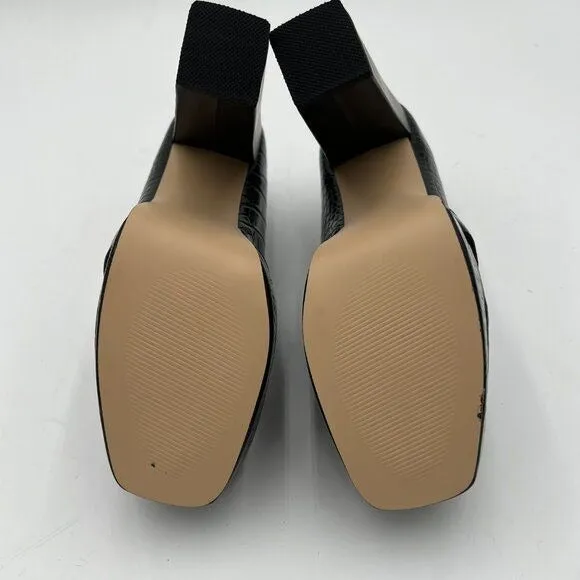 Black Crocodile Chunky Heel Leather Loafer Square Toe High Heel Platform Office