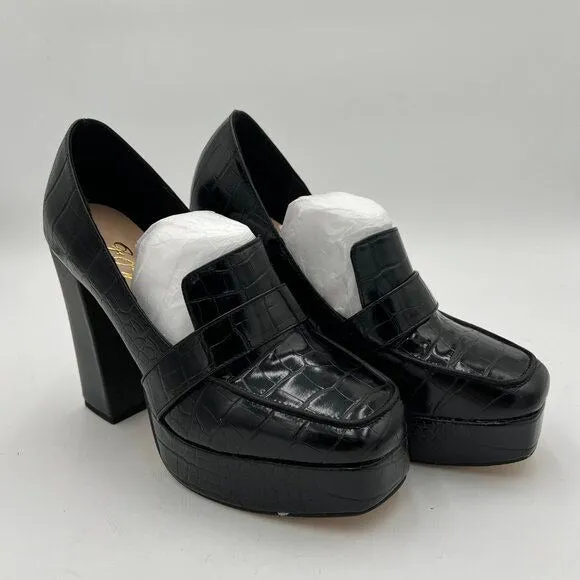 Black Crocodile Chunky Heel Leather Loafer Square Toe High Heel Platform Office