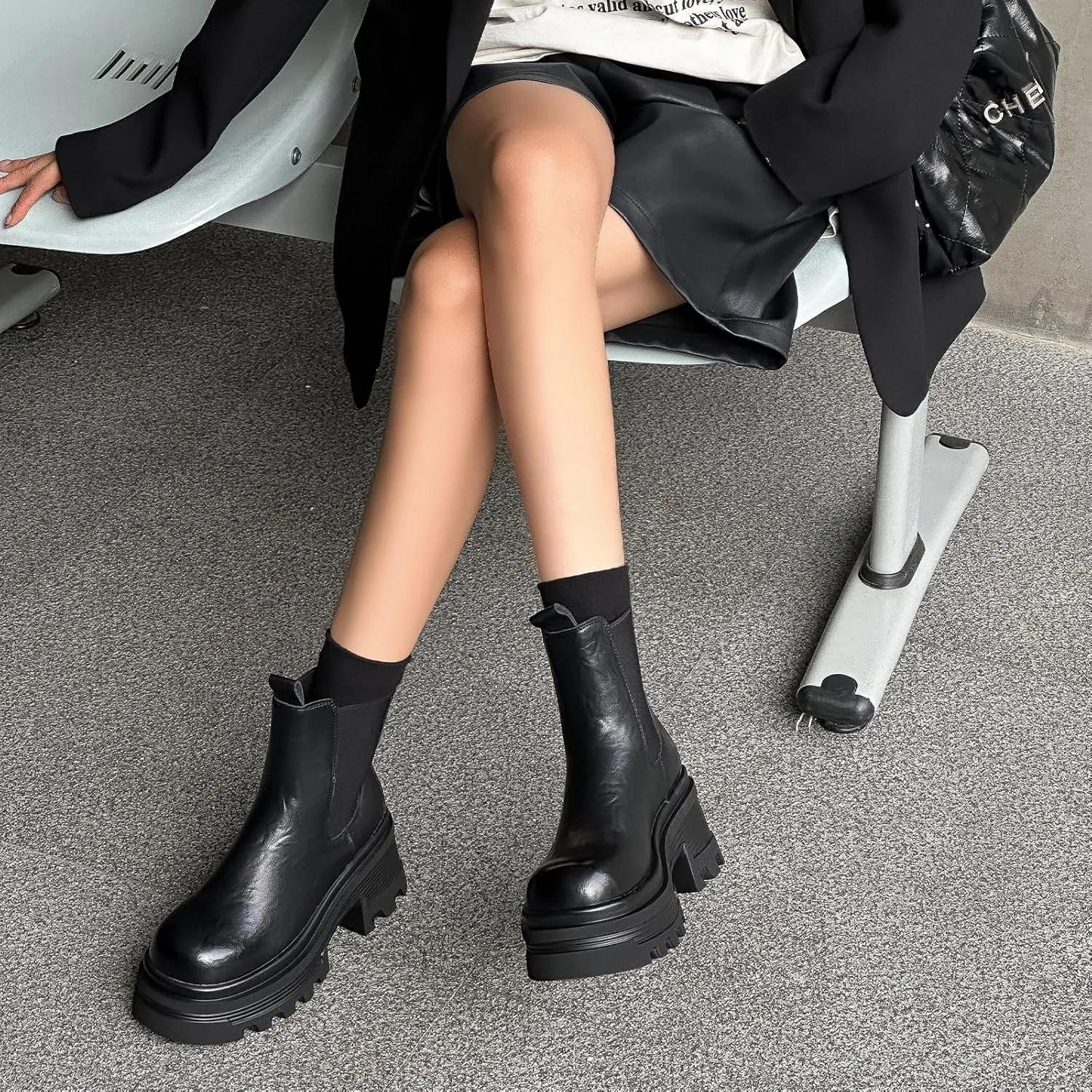Black Platform Chunky High Heeled Chelsea Boots for Women Comfortable Slip-on Genuine Leather Lug Sole Elastic Ankle Boots