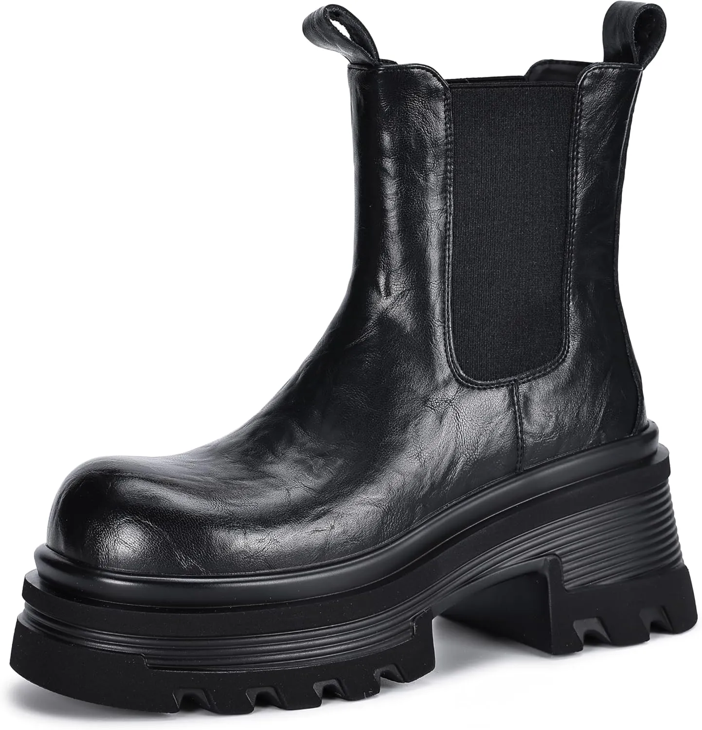 Black Platform Chunky High Heeled Chelsea Boots for Women Comfortable Slip-on Genuine Leather Lug Sole Elastic Ankle Boots
