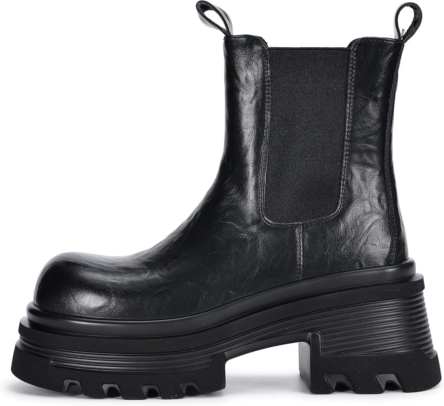 Black Platform Chunky High Heeled Chelsea Boots for Women Comfortable Slip-on Genuine Leather Lug Sole Elastic Ankle Boots