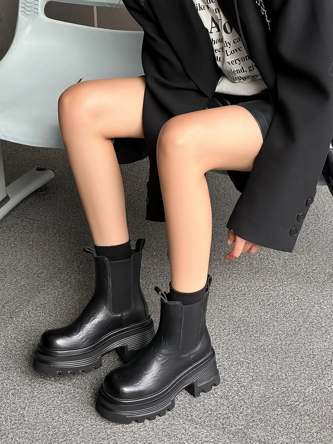 Black Platform Chunky High Heeled Chelsea Boots for Women Comfortable Slip-on Genuine Leather Lug Sole Elastic Ankle Boots