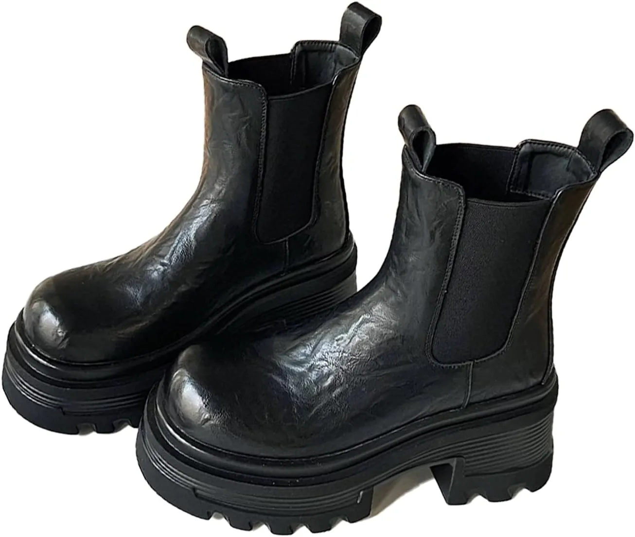 Black Platform Chunky High Heeled Chelsea Boots for Women Comfortable Slip-on Genuine Leather Lug Sole Elastic Ankle Boots