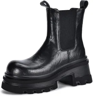 Black Platform Chunky High Heeled Chelsea Boots for Women Comfortable Slip-on Genuine Leather Lug Sole Elastic Ankle Boots