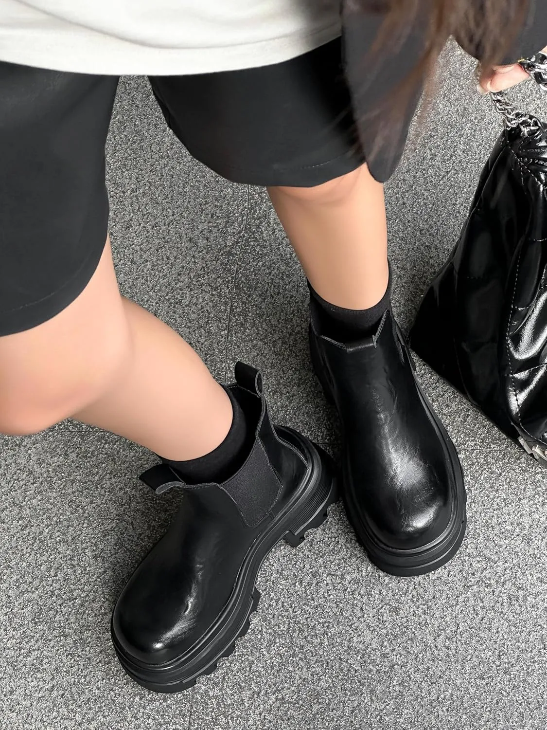 Black Platform Chunky High Heeled Chelsea Boots for Women Comfortable Slip-on Genuine Leather Lug Sole Elastic Ankle Boots